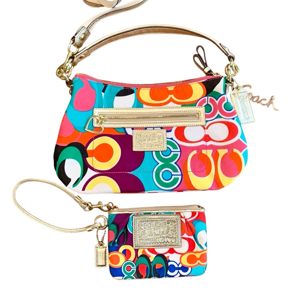 Coach Poppy Pop C gold glitter Crossbody / Shoulder Bag + Wristlet set
